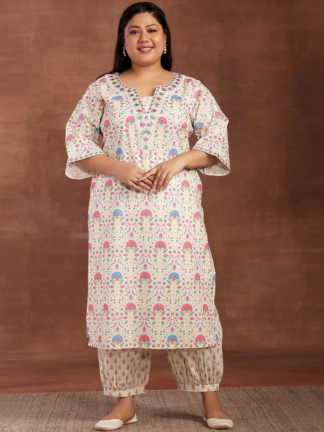 Plus Size Off White Printed Cotton Straight Kurta With Salwar - Libas