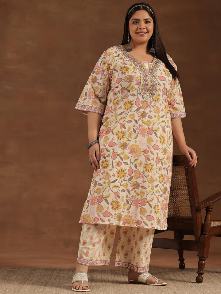 Plus Size Off White Printed Cotton Straight Kurta Set - Libas