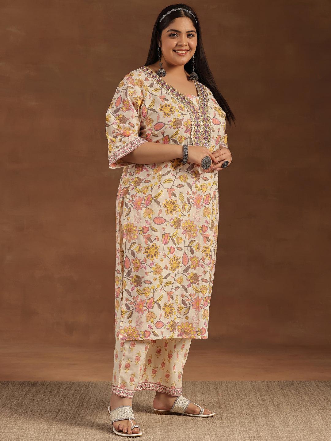 Plus Size Off White Printed Cotton Straight Kurta Set - Libas