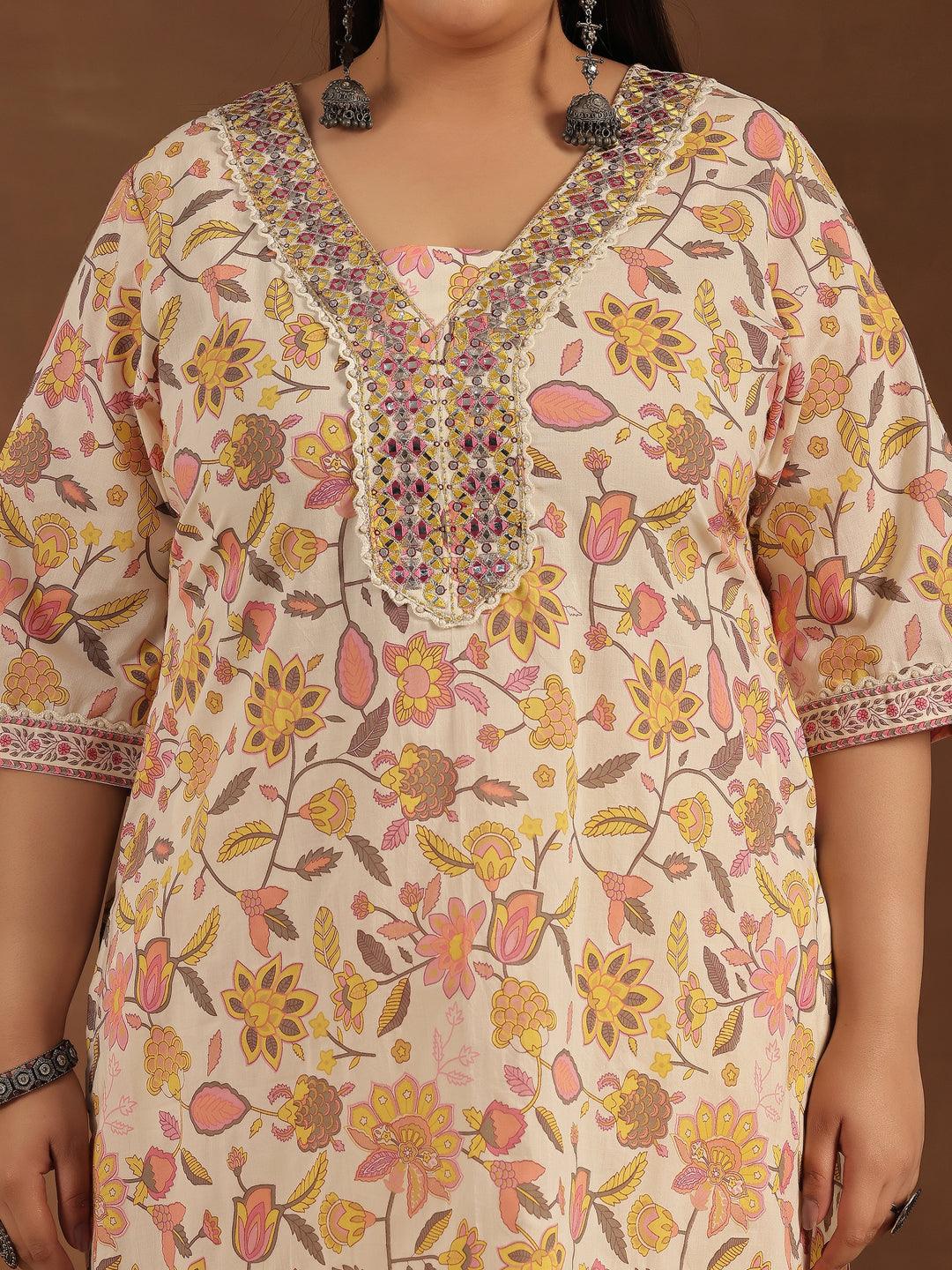 Plus Size Off White Printed Cotton Straight Kurta Set - Libas