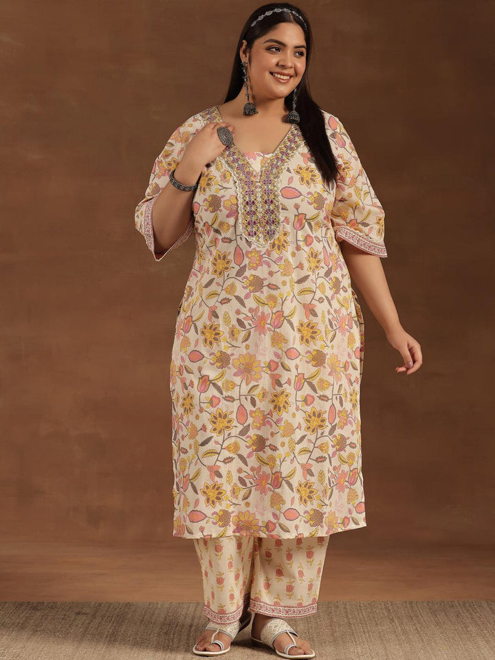 Plus Size Off White Printed Cotton Straight Kurta Set - Libas