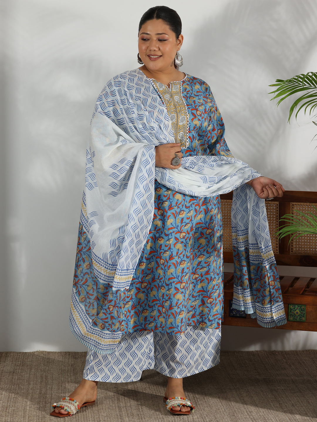  Plus Size Blue Printed Cotton Straight Suit With Dupatta 