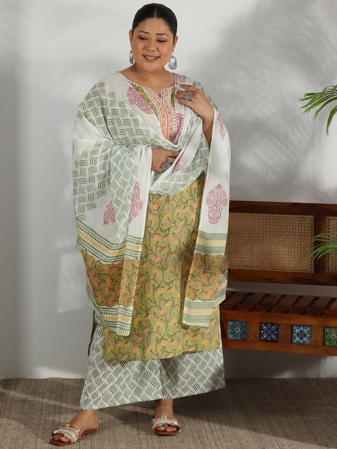  Plus Size Green Printed Cotton Straight Suit With Dupatta 