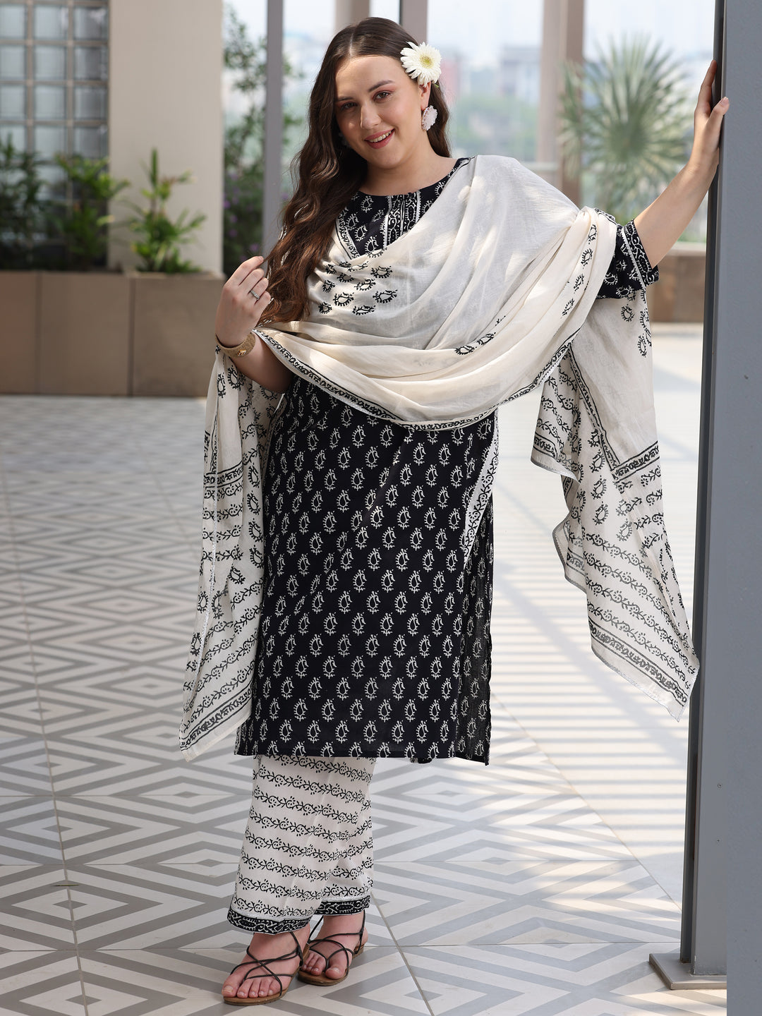 Plus Size Black Printed Cotton Straight Suit With Dupatta