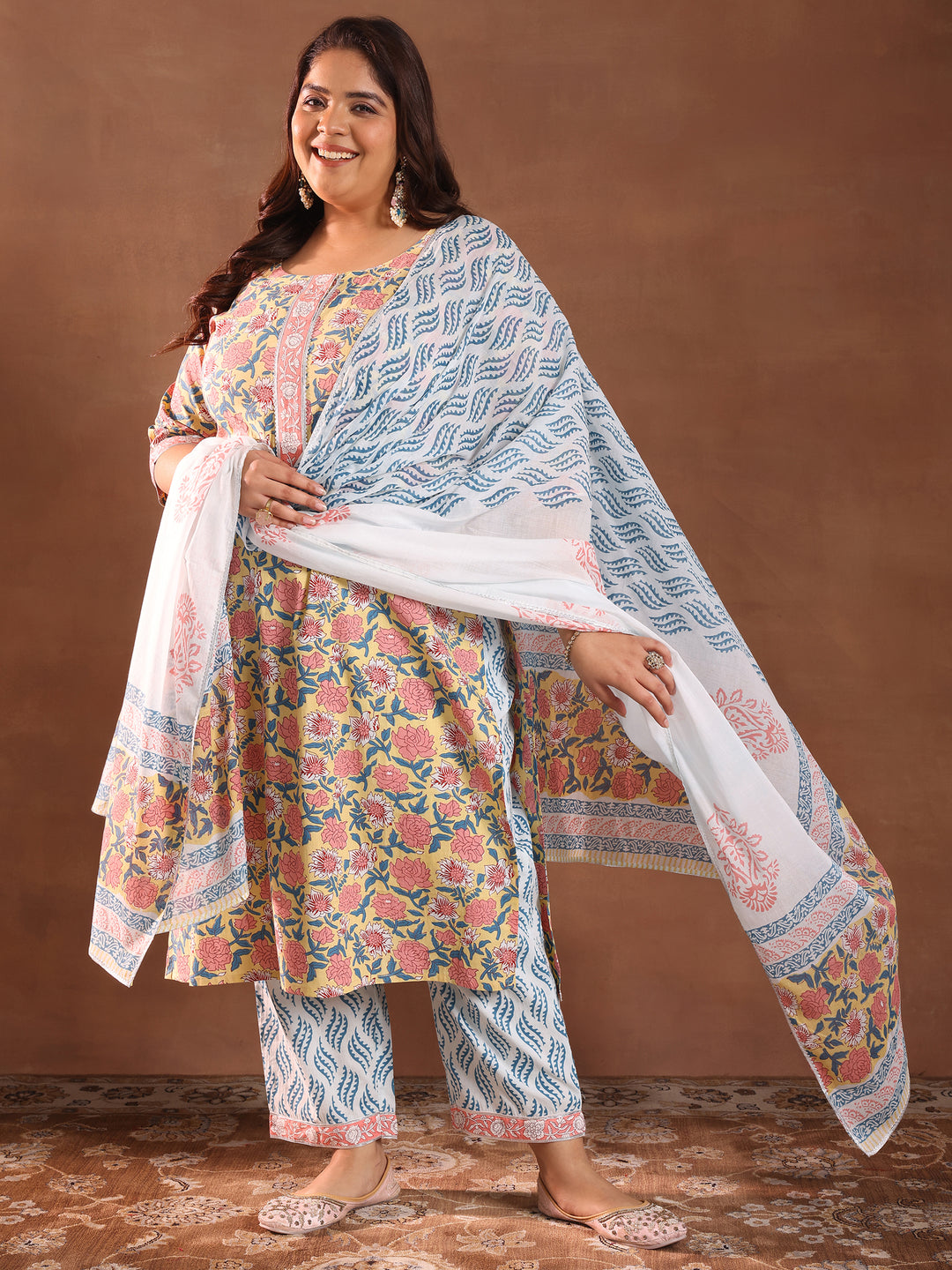 Plus Size Yellow Printed Cotton Straight Suit With Dupatta