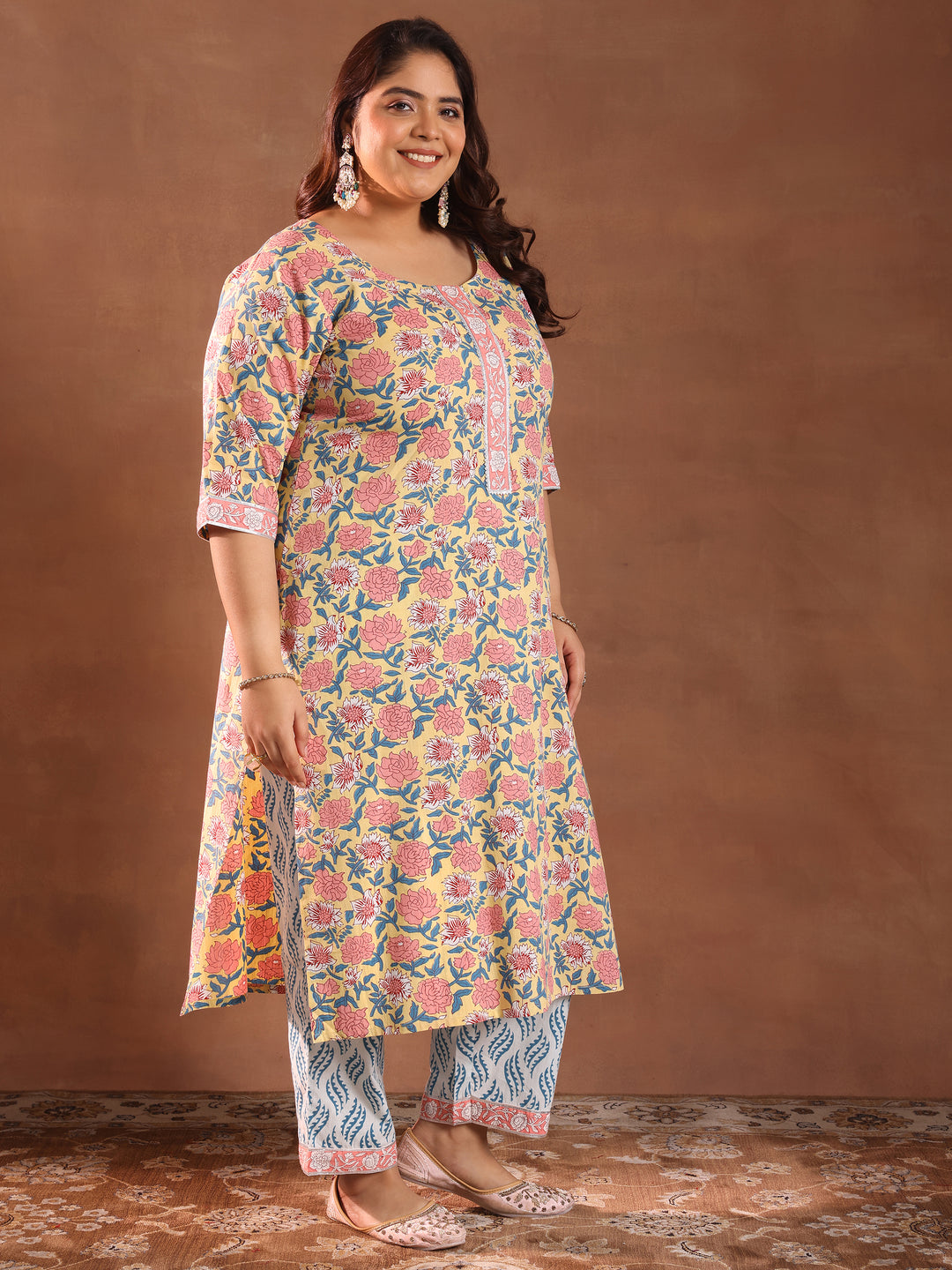  Plus Size Yellow Printed Cotton Straight Suit With Dupatta 