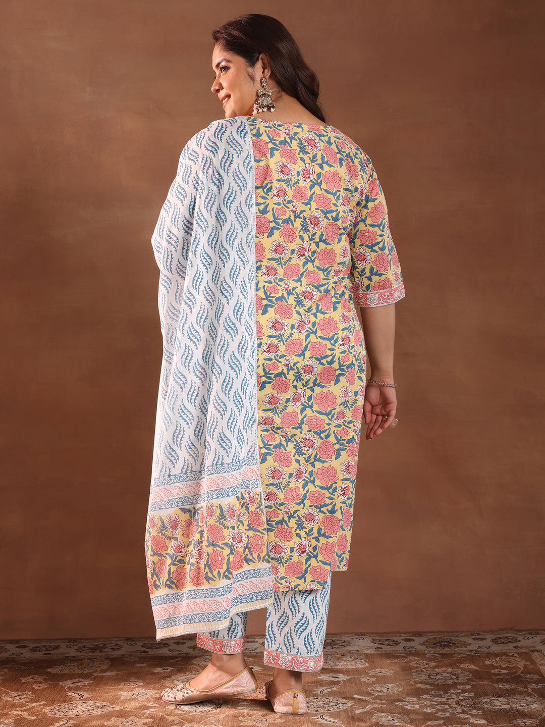  Plus Size Yellow Printed Cotton Straight Suit With Dupatta 