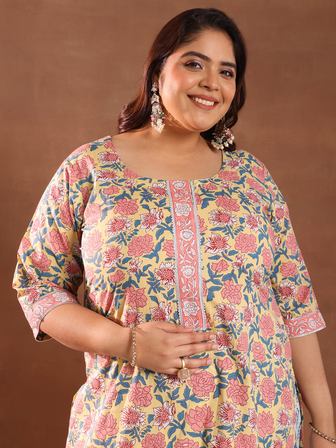  Plus Size Yellow Printed Cotton Straight Suit With Dupatta 