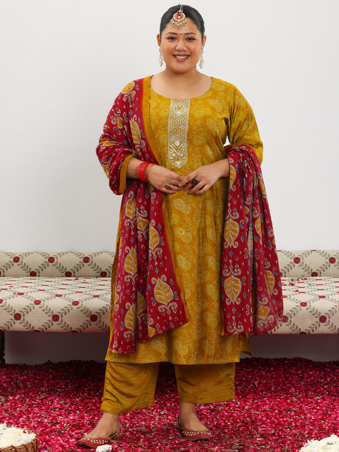 Plus Size Mustard Printed Silk Blend Straight Suit With Dupatta