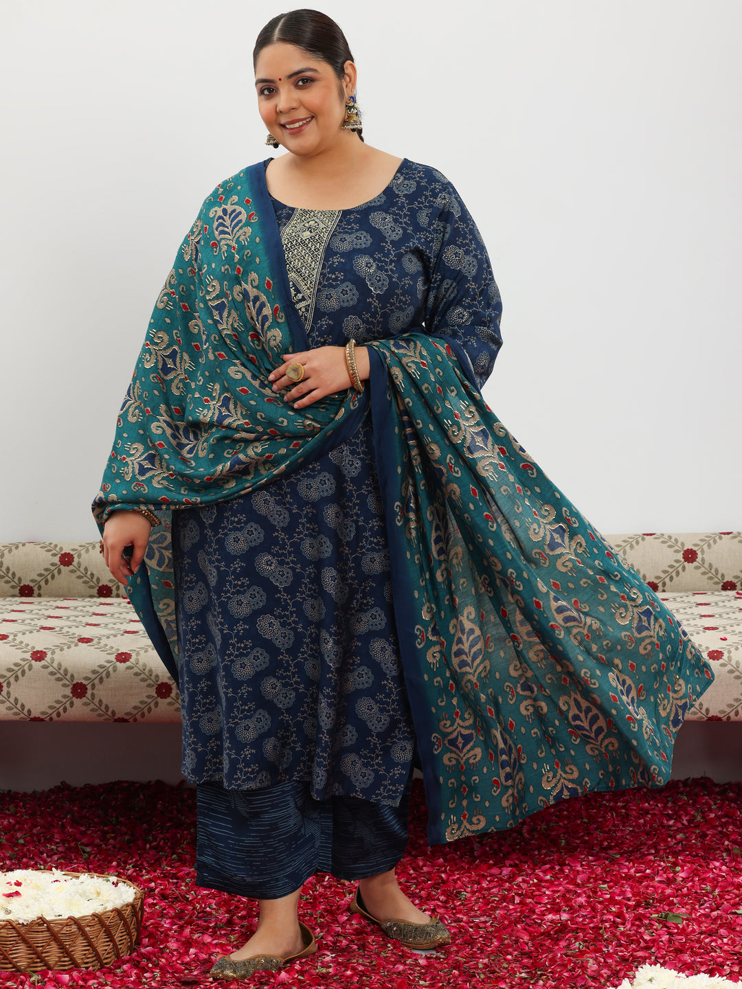  Plus Size Blue Printed Silk Blend Straight Suit With Dupatta 