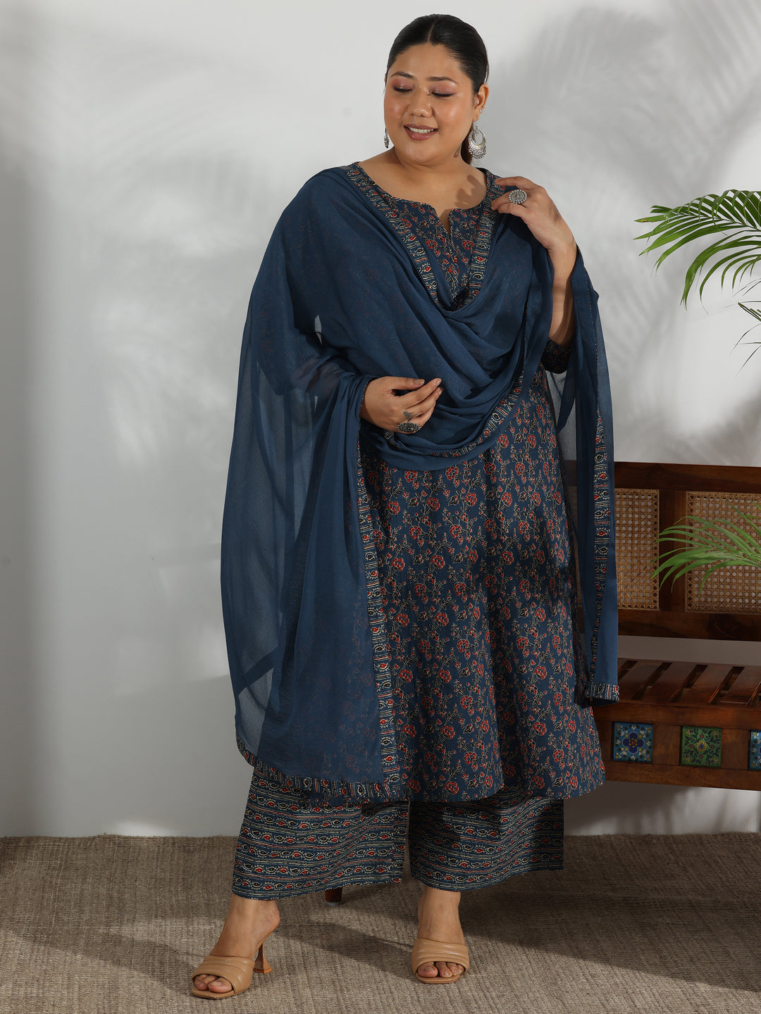 Plus Size Blue Printed Cotton Straight Suit With Dupatta