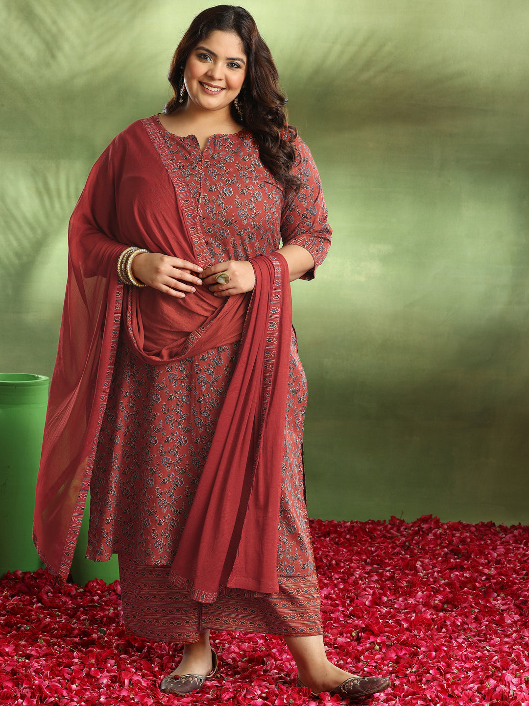 Plus Size Rust Printed Cotton Straight Suit With Dupatta