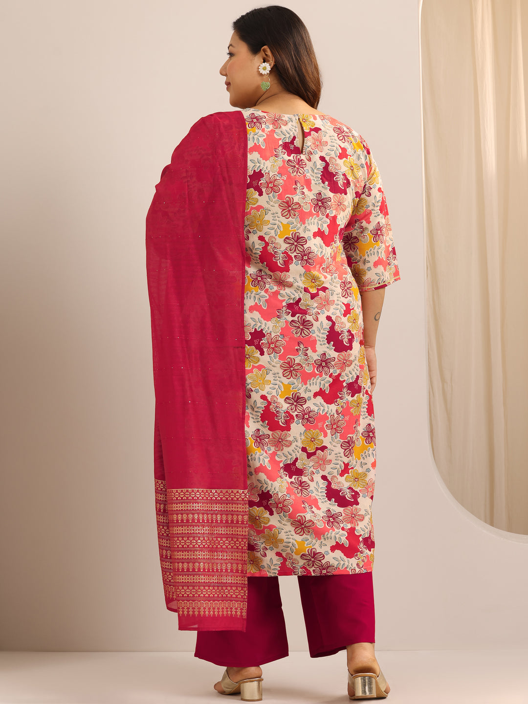  Plus Size Red Printed Silk Blend Straight Suit Set With Dupatta 