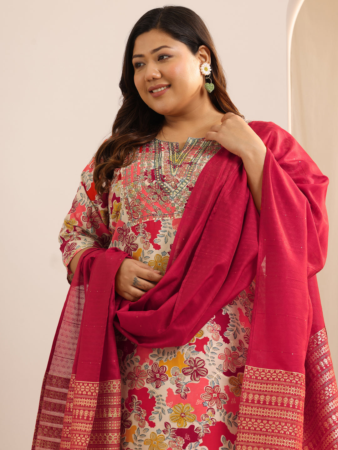 Plus Size Red Printed Silk Blend Straight Suit Set With Dupatta