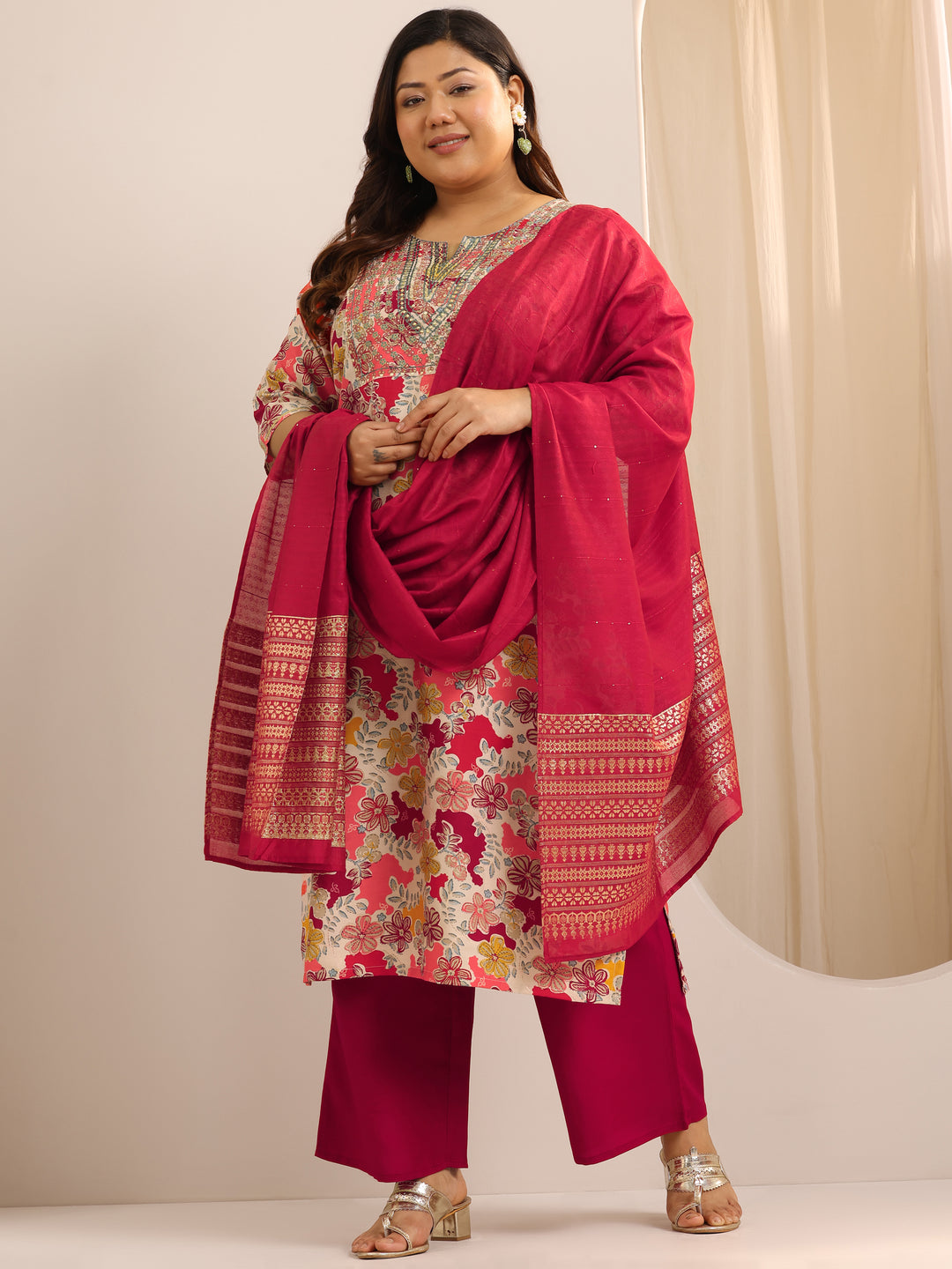  Plus Size Red Printed Silk Blend Straight Suit Set With Dupatta 