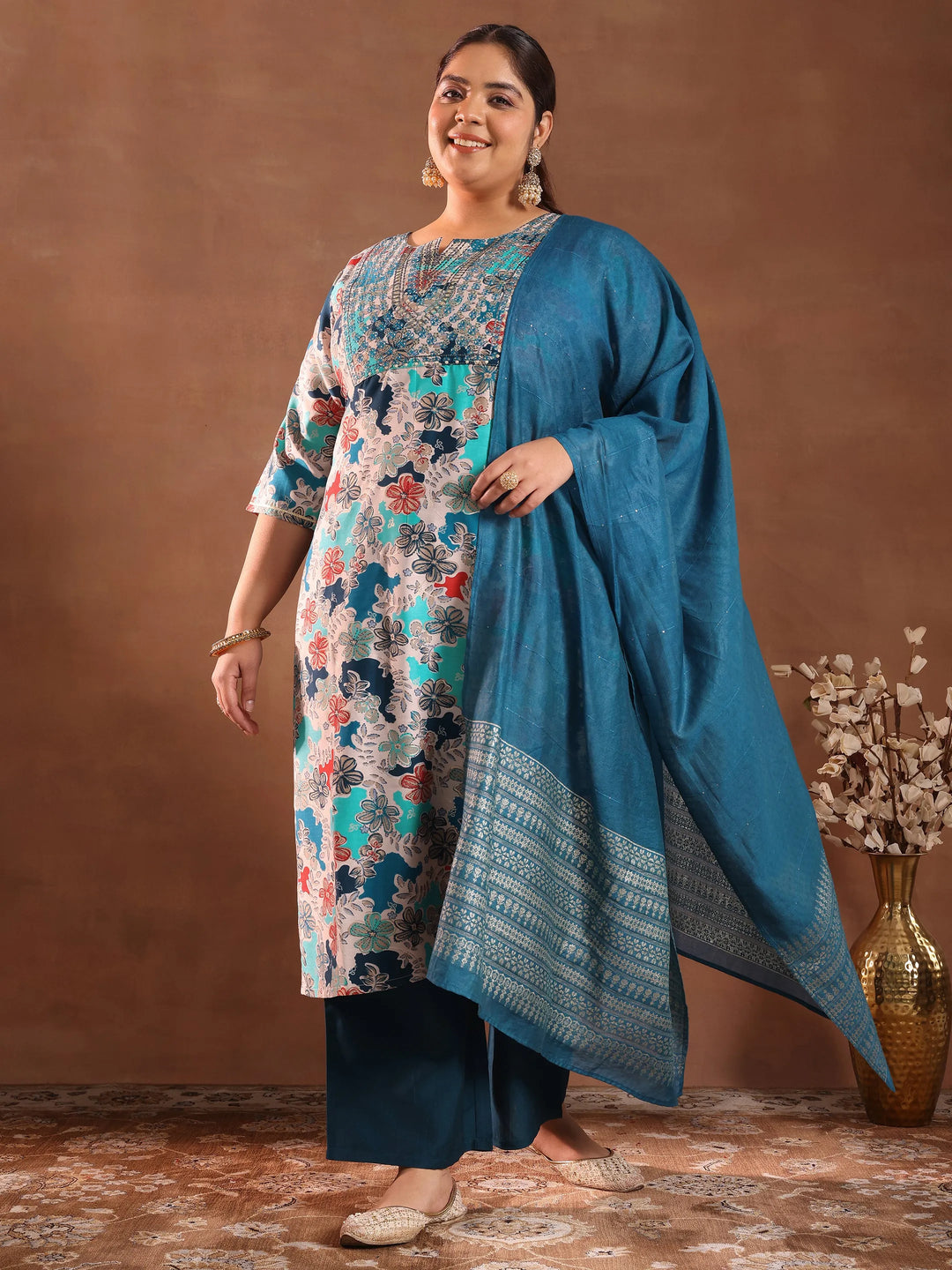  Plus Size Blue Printed Silk Blend Straight Suit With Dupatta 