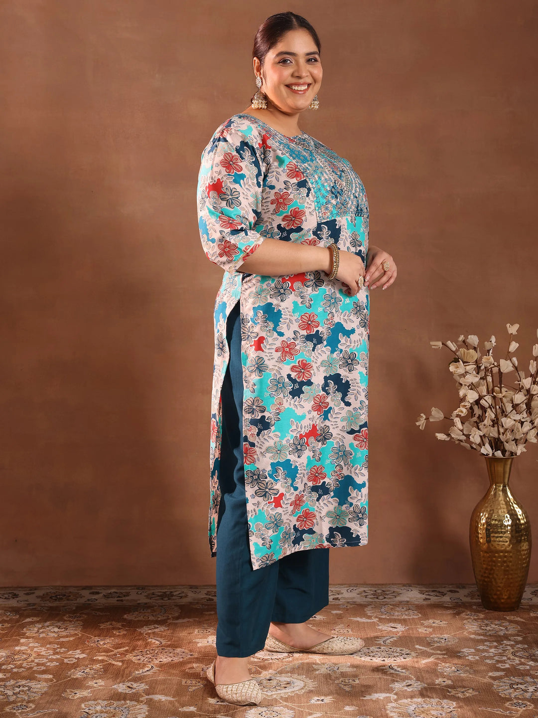  Plus Size Blue Printed Silk Blend Straight Suit With Dupatta 