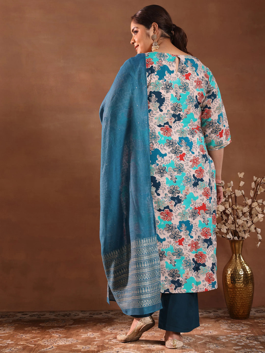  Plus Size Blue Printed Silk Blend Straight Suit With Dupatta 