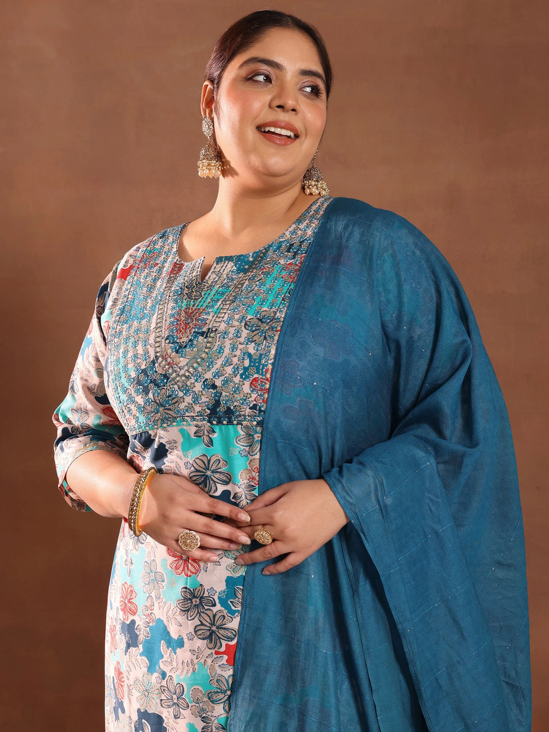  Plus Size Blue Printed Silk Blend Straight Suit With Dupatta 