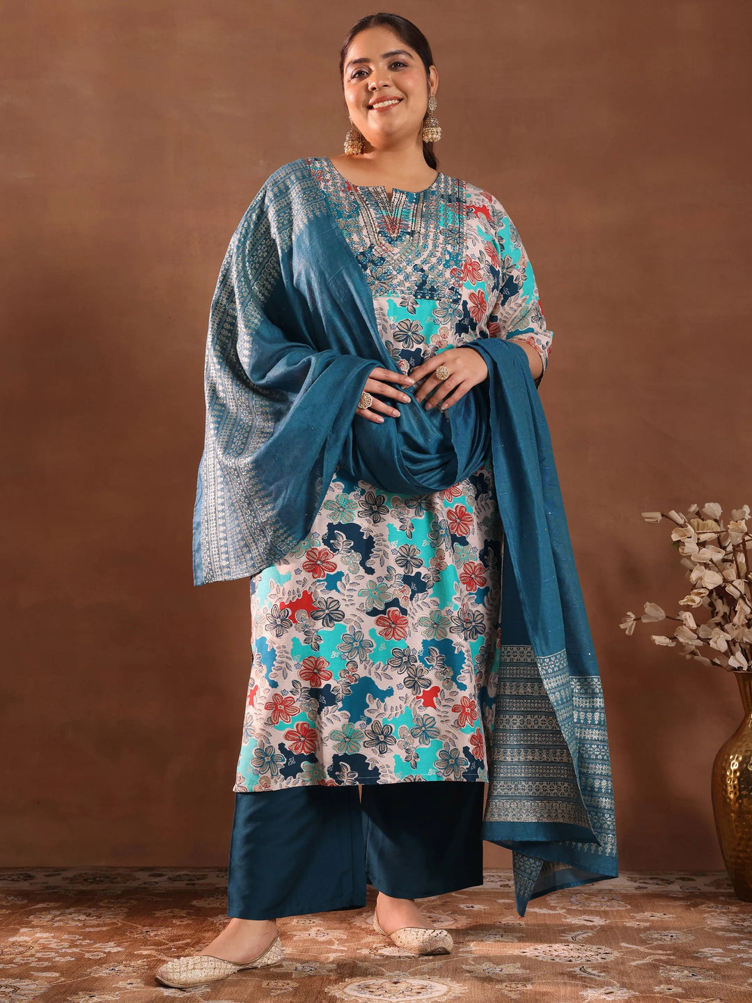  Plus Size Blue Printed Silk Blend Straight Suit With Dupatta 