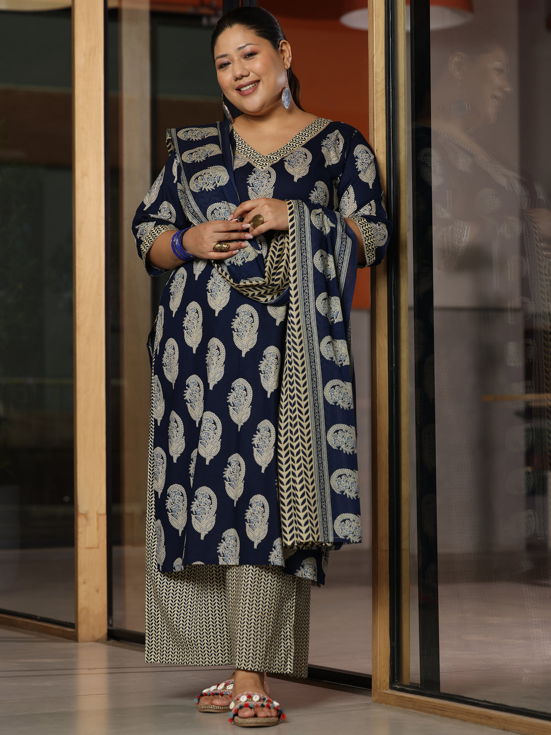 Plus Size Blue Printed Cotton Straight Suit With Dupatta