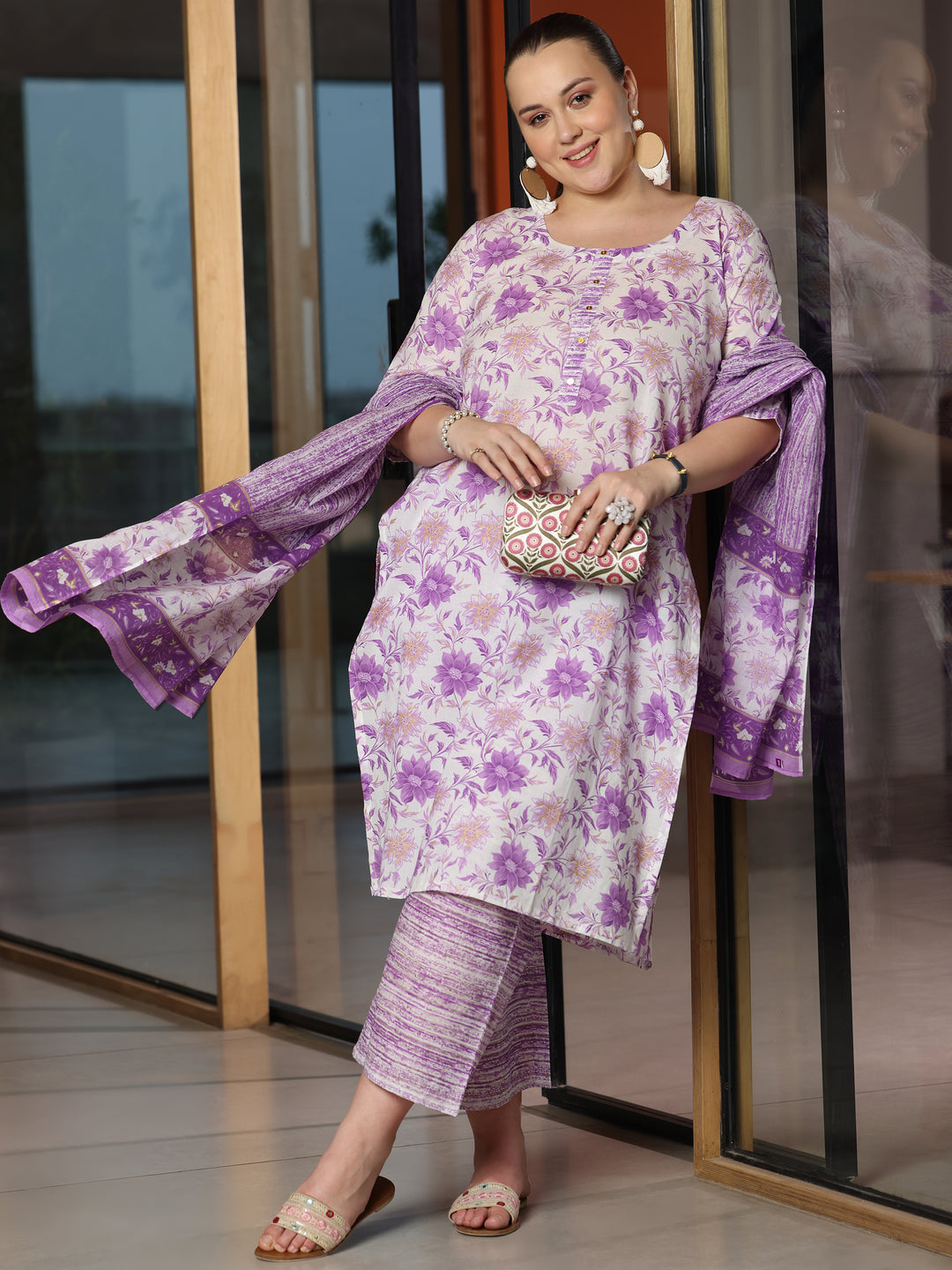 Plus Size Purple Printed Cotton Straight Suit With Dupatta