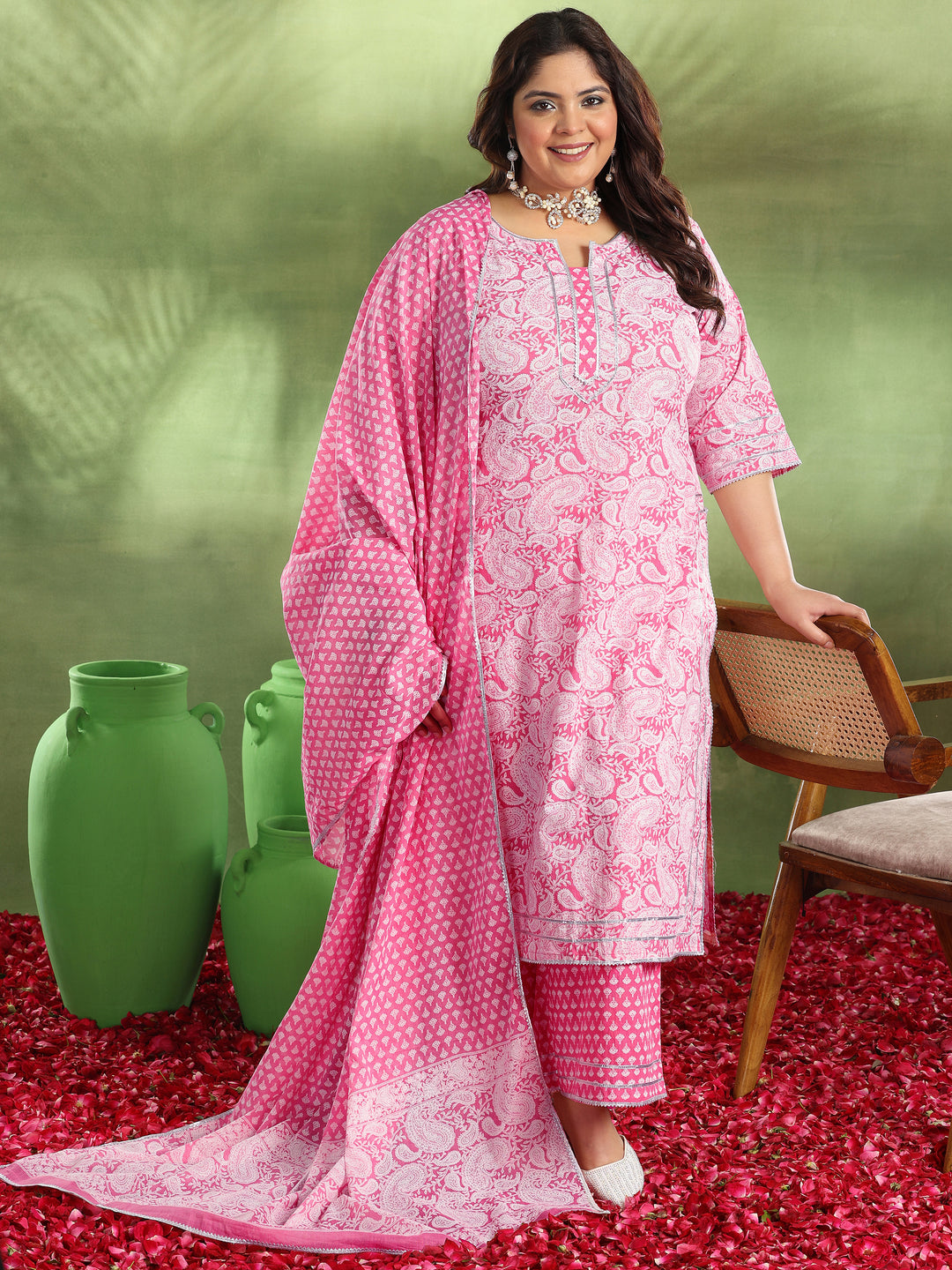  Plus Size Pink Printed Cotton Straight Suit With Dupatta 