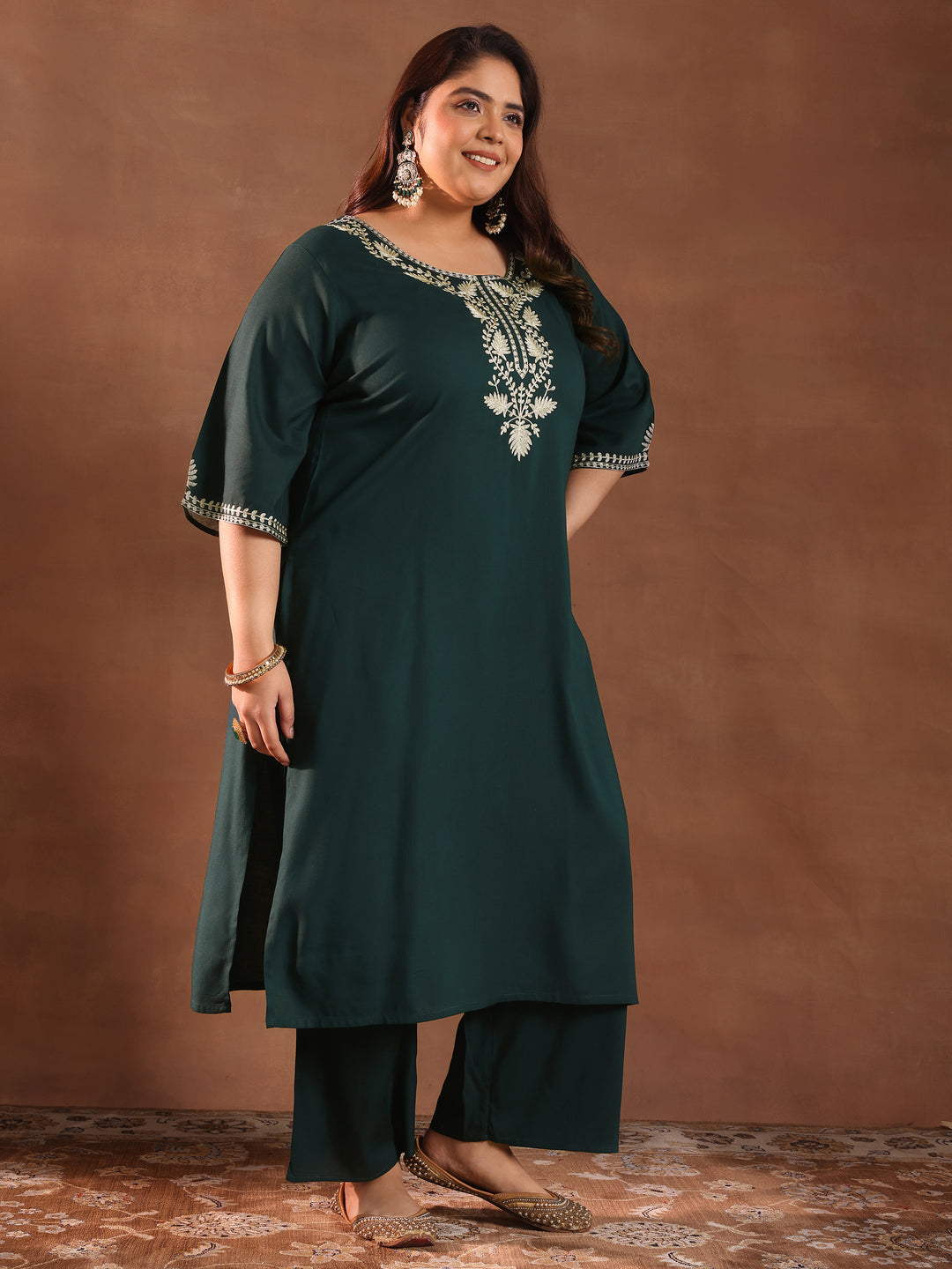  Plus Size Green Yoke Design Rayon Straight Kurta Set 