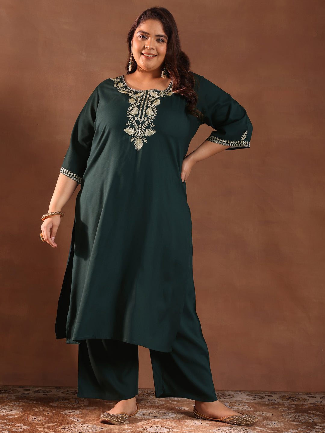  Plus Size Green Yoke Design Rayon Straight Kurta Set 