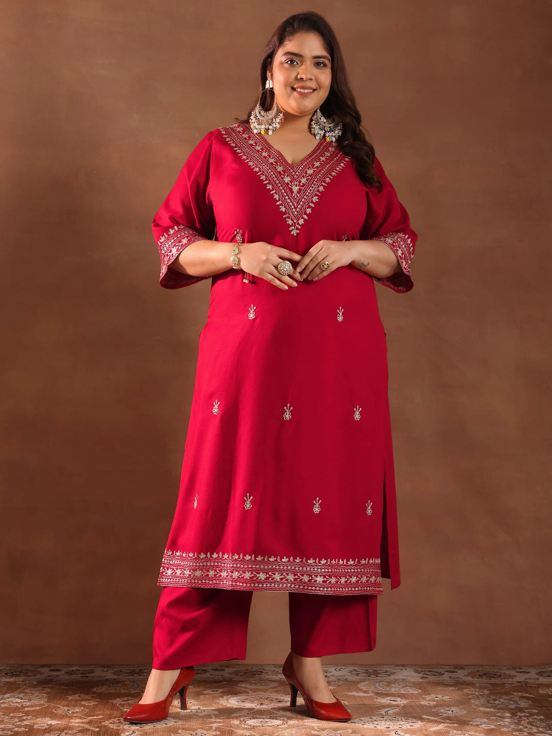  Plus Size Red Embroidered Rayon Straight Kurta Set 