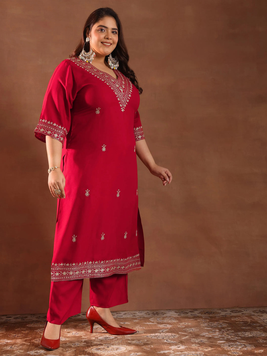  Plus Size Red Embroidered Rayon Straight Kurta Set 