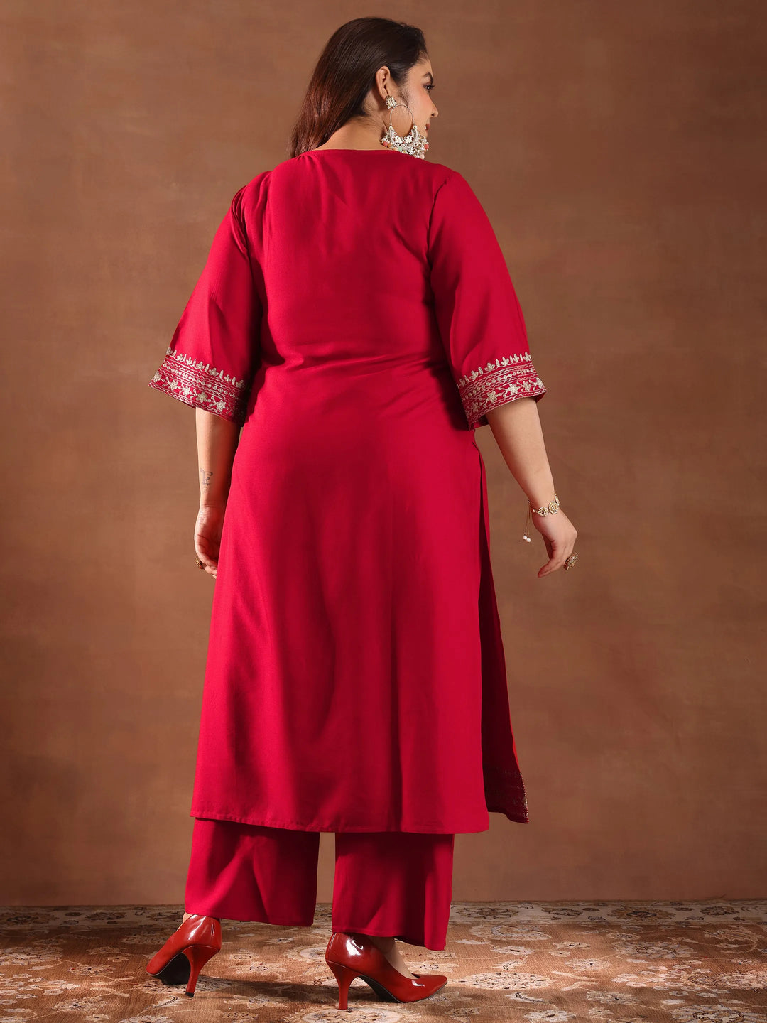  Plus Size Red Embroidered Rayon Straight Kurta Set 