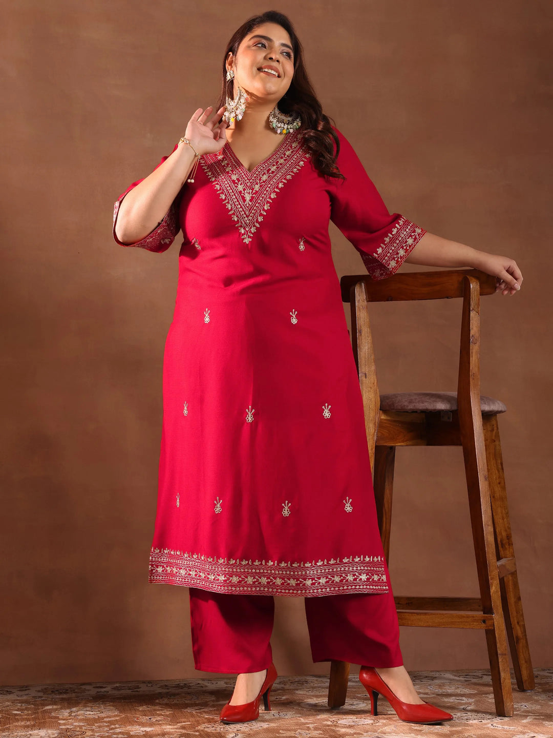  Plus Size Red Embroidered Rayon Straight Kurta Set 