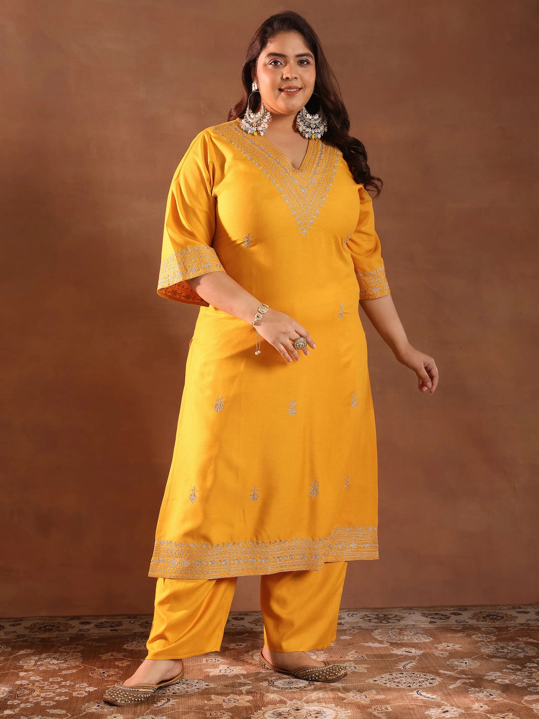  Plus Size Yellow Embroidered Rayon Straight Kurta Set 