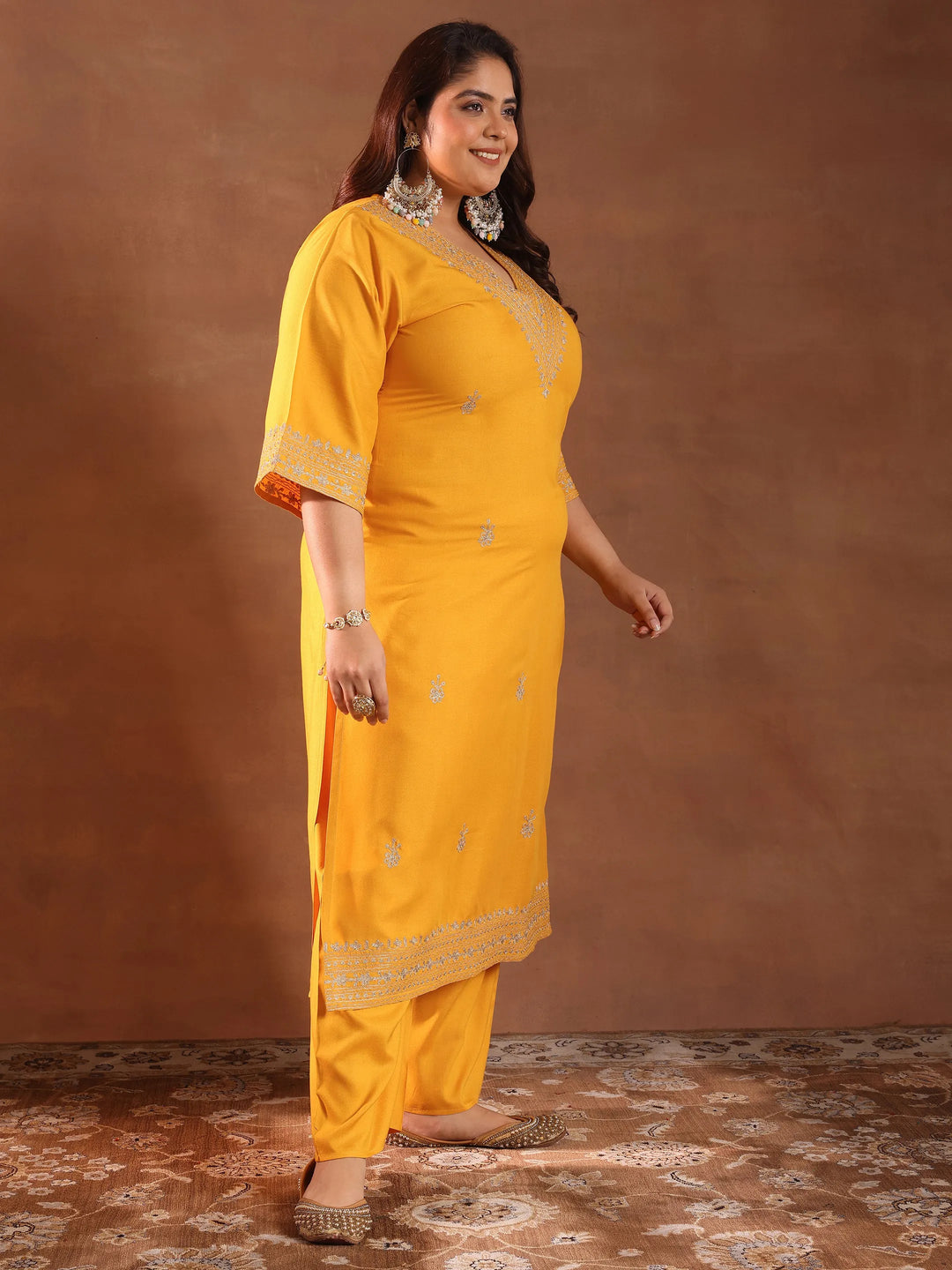  Plus Size Yellow Embroidered Rayon Straight Kurta Set 