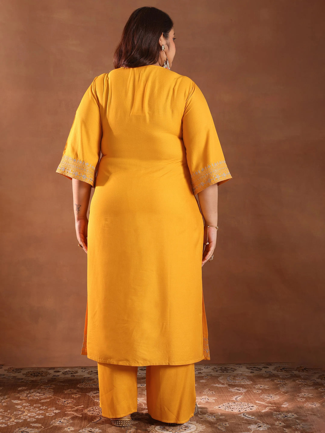  Plus Size Yellow Embroidered Rayon Straight Kurta Set 