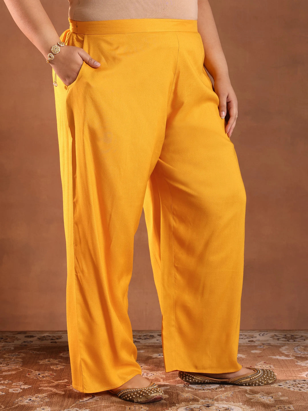  Plus Size Yellow Embroidered Rayon Straight Kurta Set 