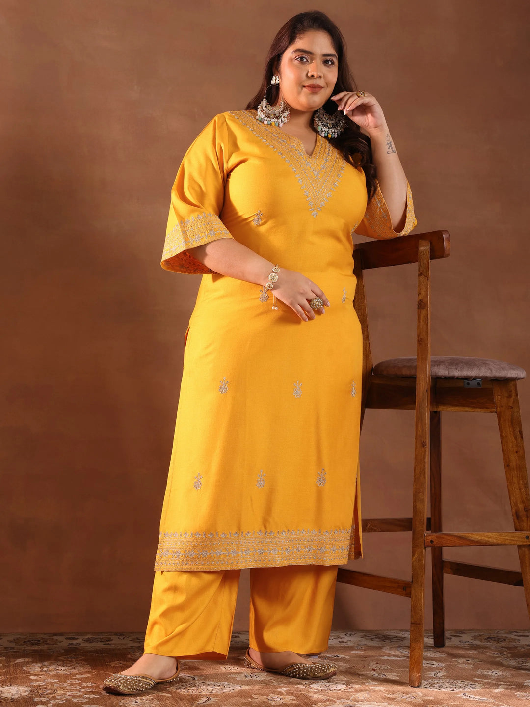  Plus Size Yellow Embroidered Rayon Straight Kurta Set 