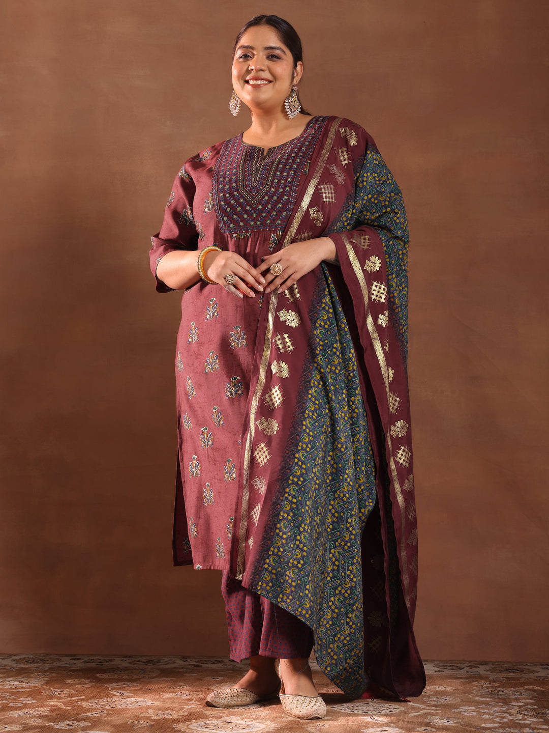  Plus Size Rust Printed Silk Blend Straight Suit With Dupatta 