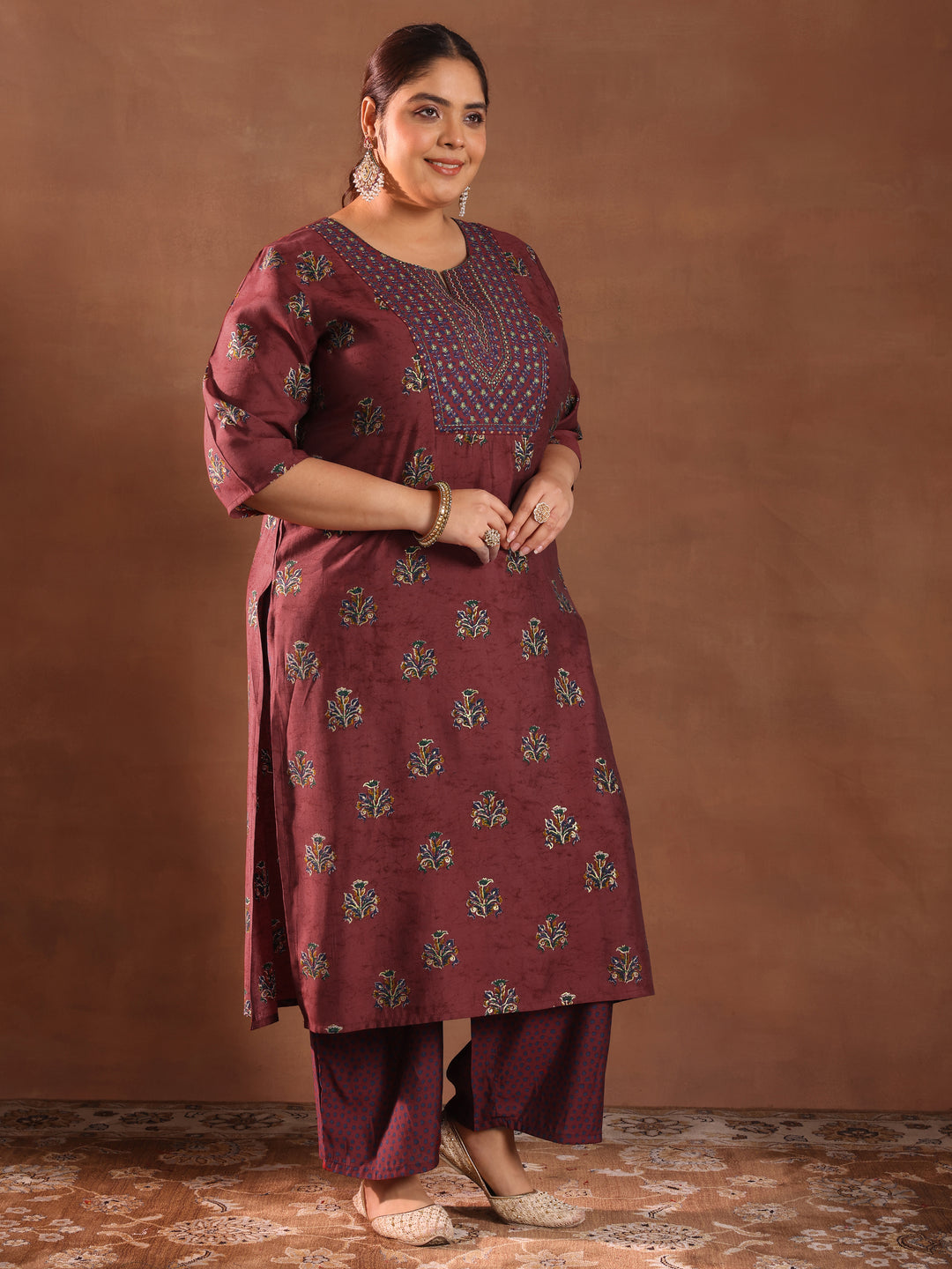  Plus Size Rust Printed Silk Blend Straight Suit With Dupatta 