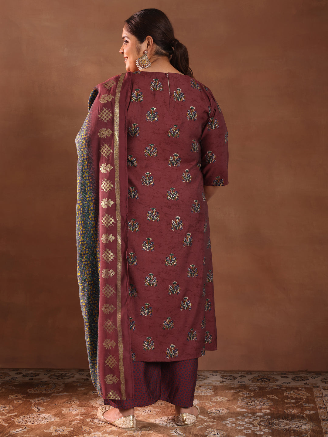  Plus Size Rust Printed Silk Blend Straight Suit With Dupatta 