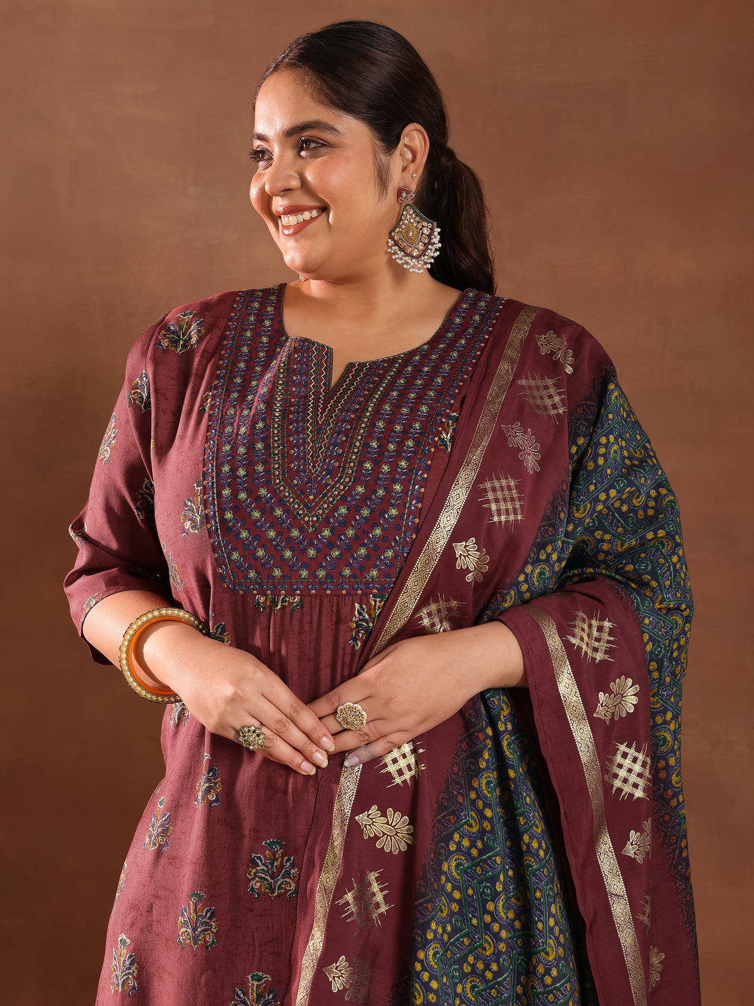  Plus Size Rust Printed Silk Blend Straight Suit With Dupatta 