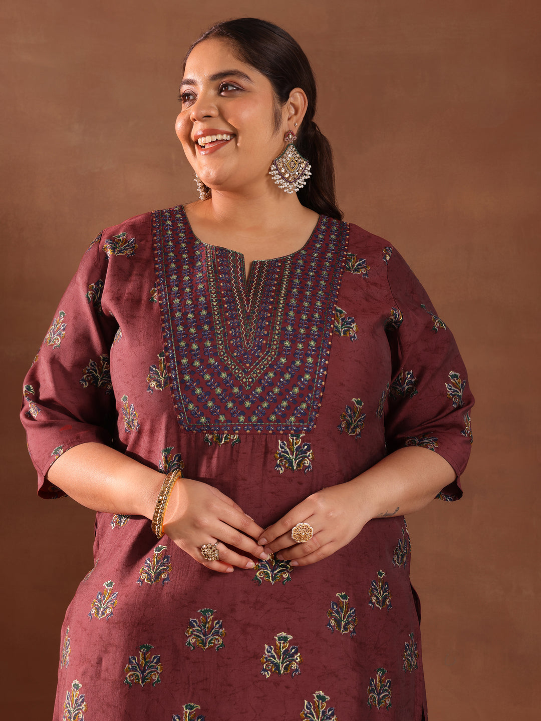  Plus Size Rust Printed Silk Blend Straight Suit With Dupatta 