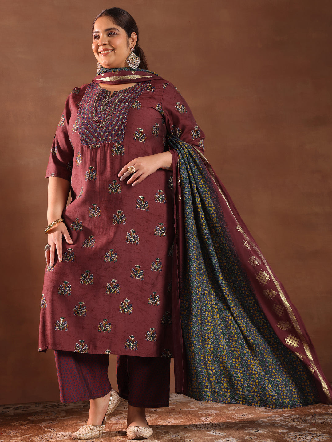  Plus Size Rust Printed Silk Blend Straight Suit With Dupatta 