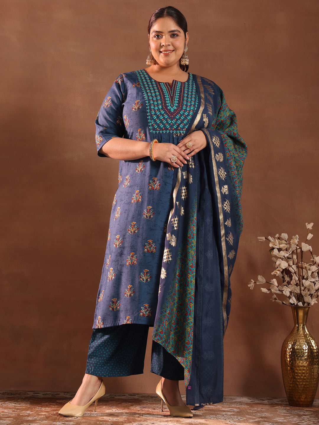 Plus Size Blue Printed Silk Blend Straight Suit With Dupatta