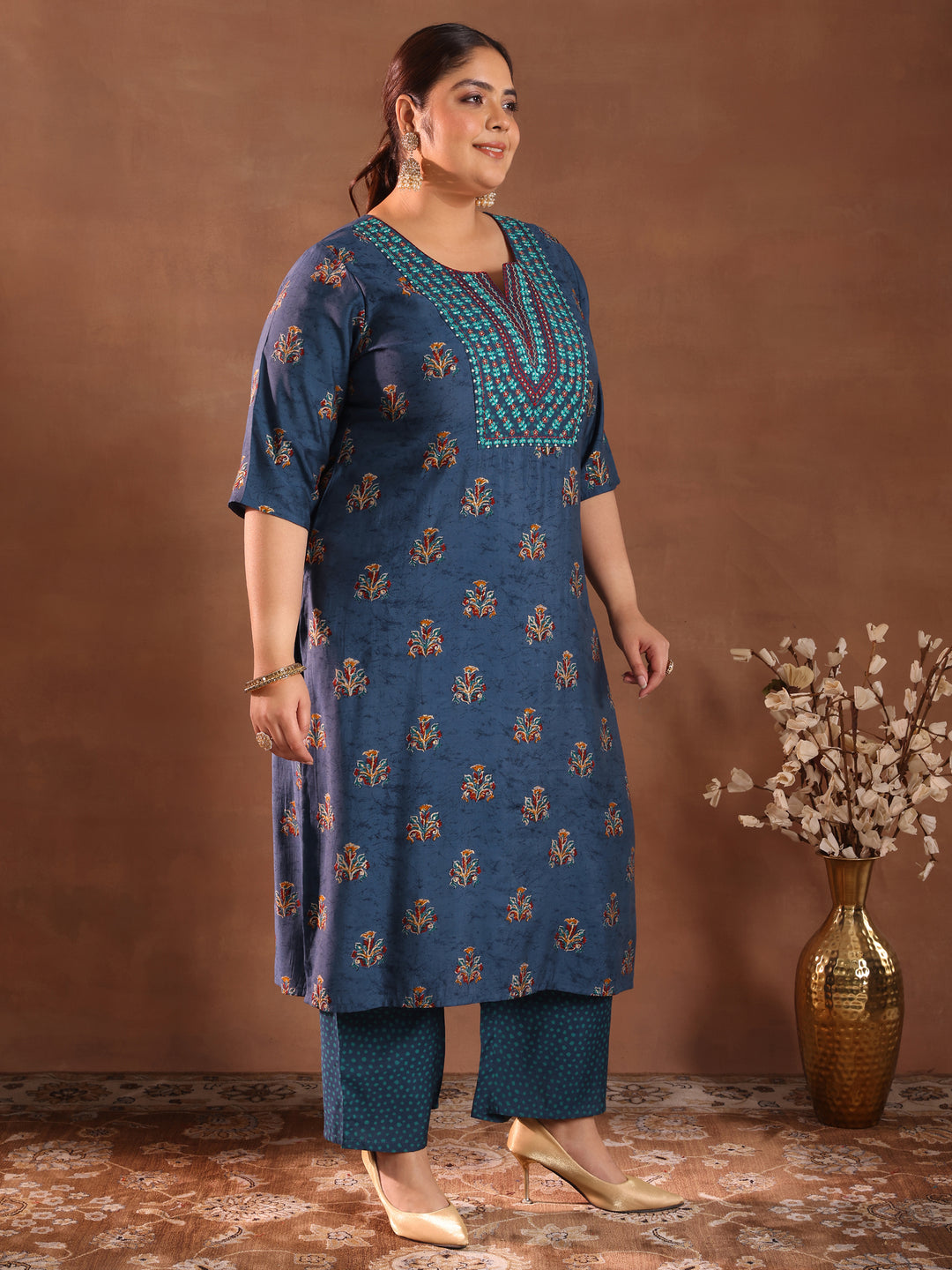  Plus Size Blue Printed Silk Blend Straight Suit With Dupatta 