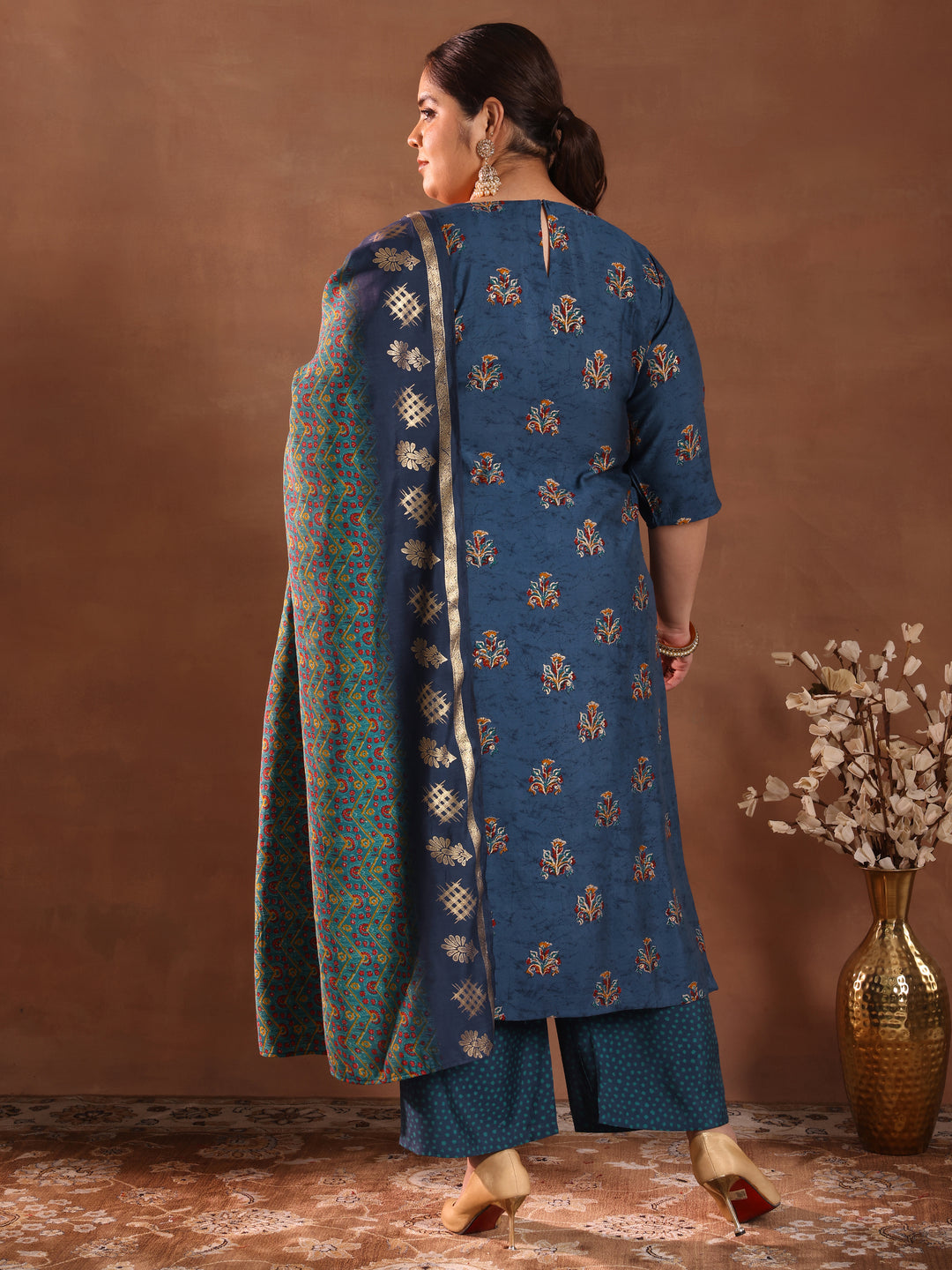  Plus Size Blue Printed Silk Blend Straight Suit With Dupatta 