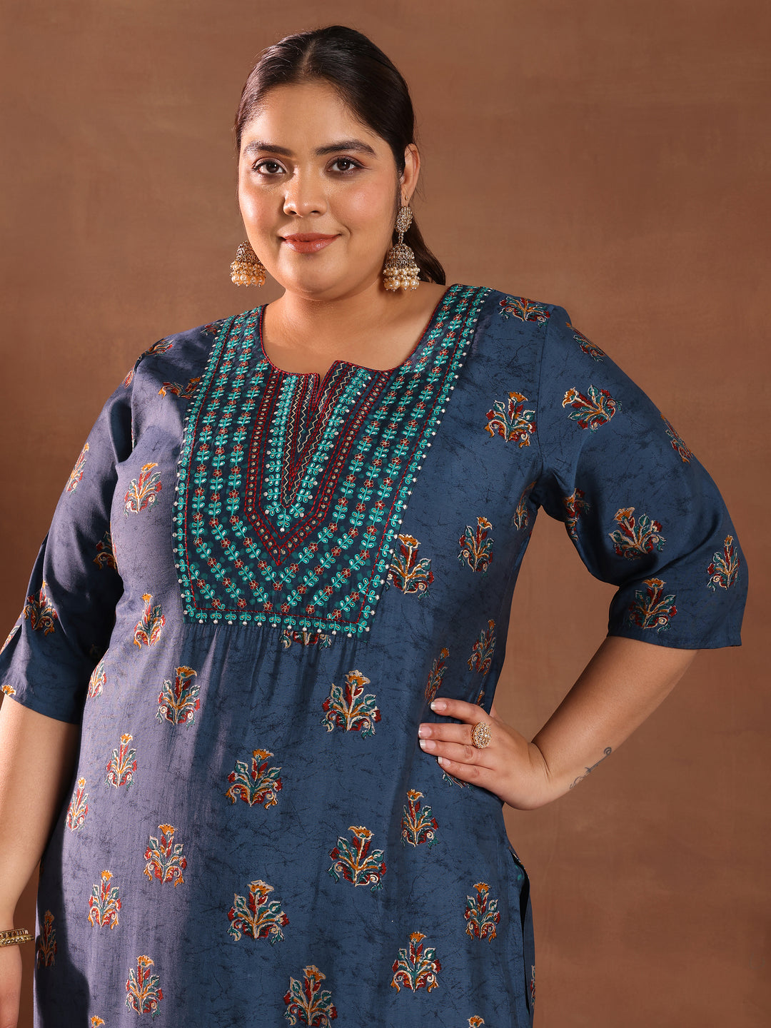  Plus Size Blue Printed Silk Blend Straight Suit With Dupatta 