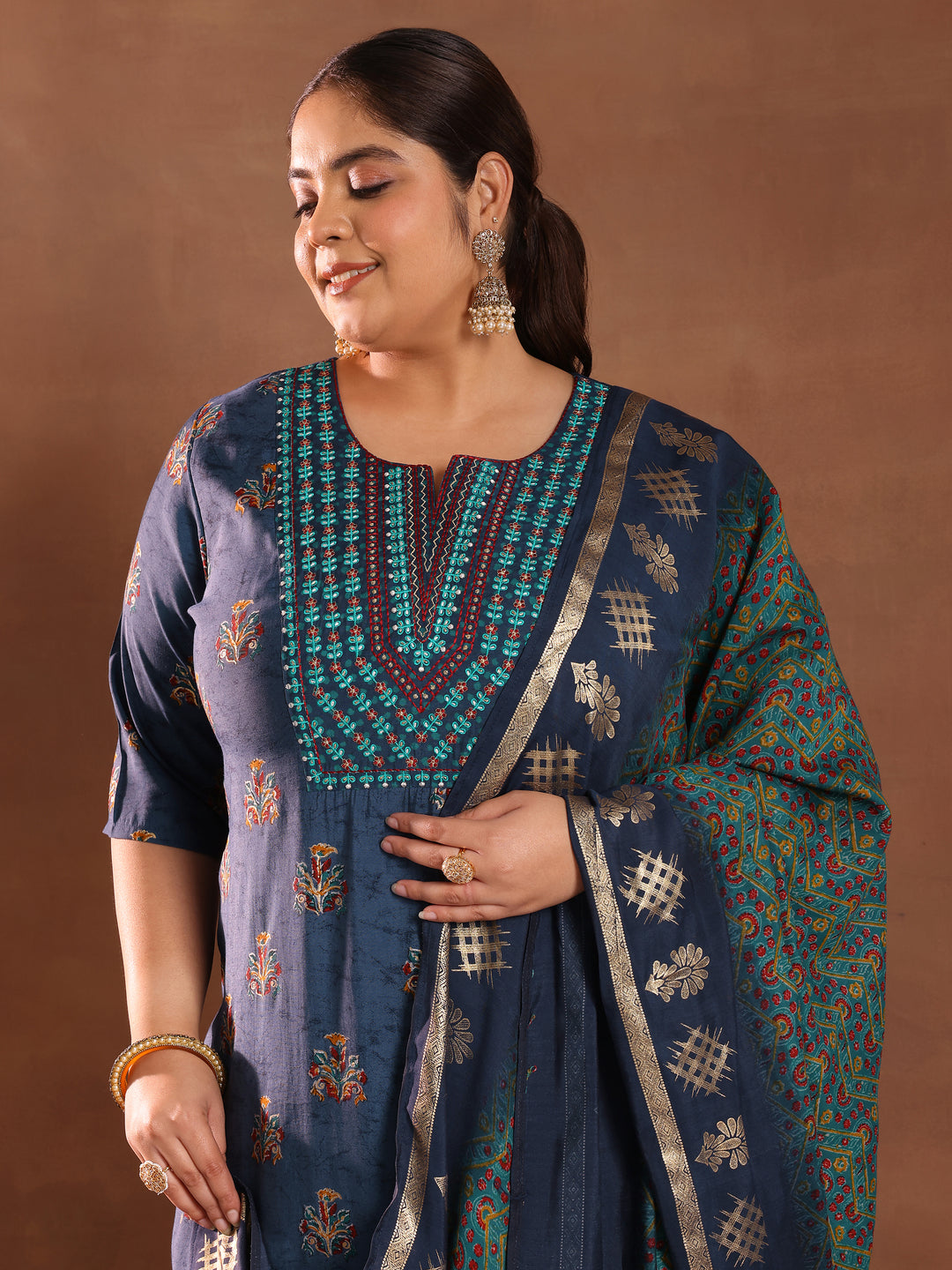  Plus Size Blue Printed Silk Blend Straight Suit With Dupatta 