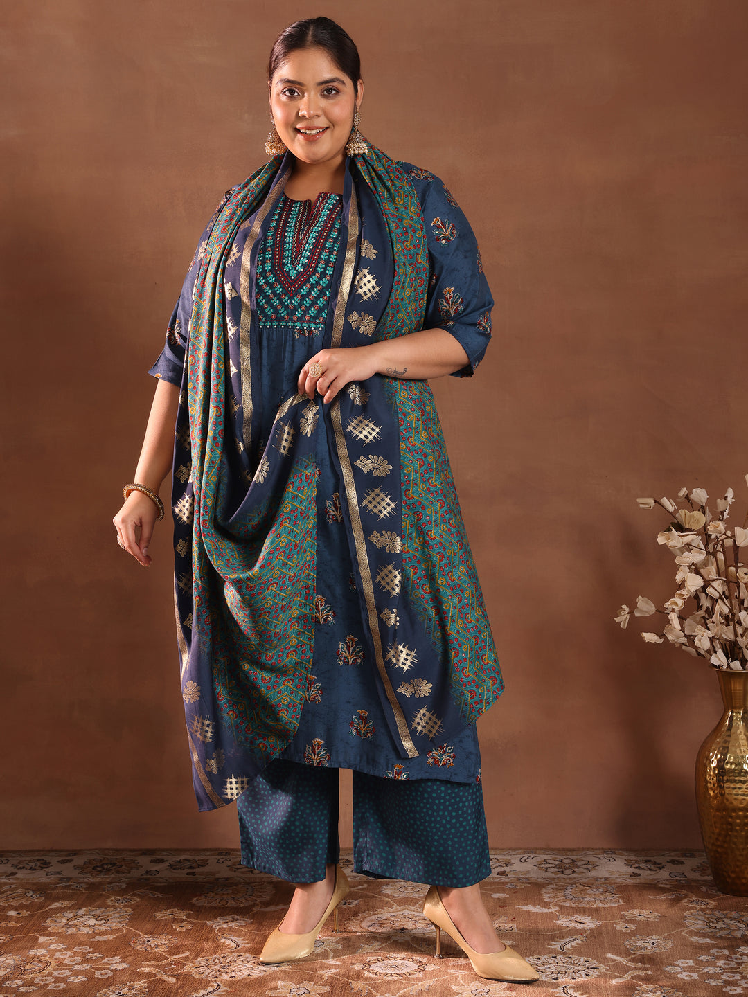  Plus Size Blue Printed Silk Blend Straight Suit With Dupatta 